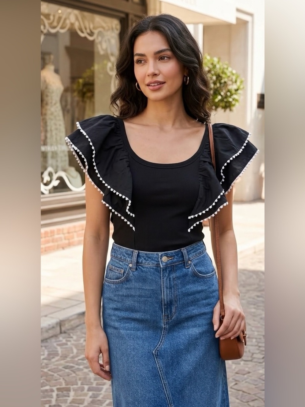 Anthropologie Smocked Flutter-Sleeve embroidered Trim Tee in Black Onyx  Small